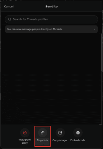 Threads desktop Send to panel — the Copy link option for the post URL