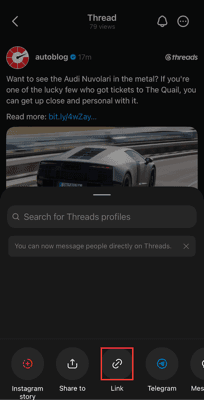 Threads mobile share sheet — the Link button that copies the post link